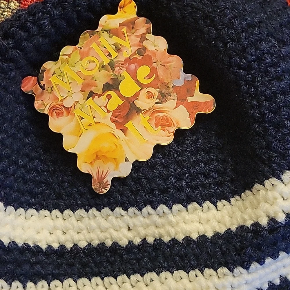 Handmade blue and white striped crochet hat beanie hand-made